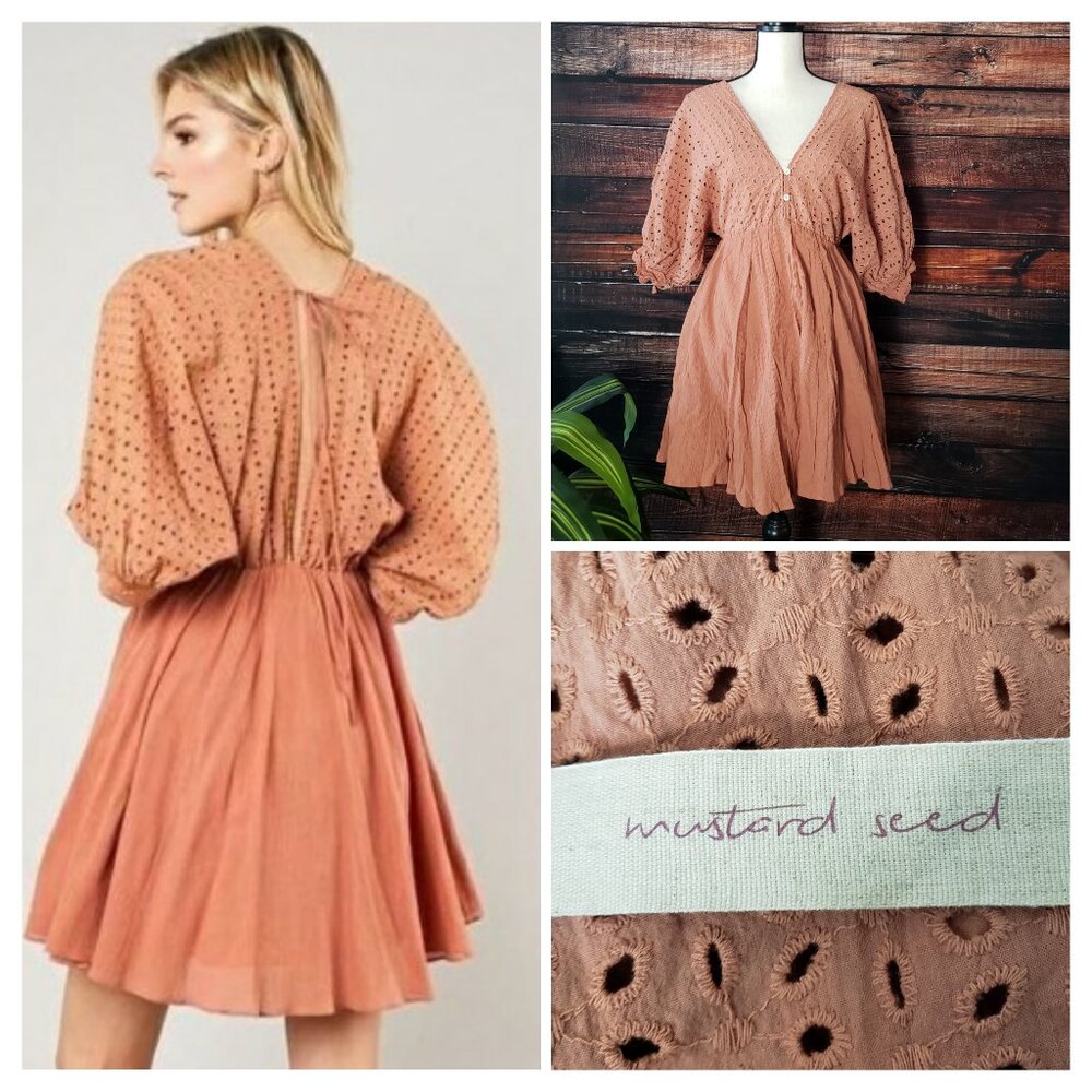 NWT Mustard Seed Dress S Eyelet Balloon Sleeve Coral Boho 100% Cotton